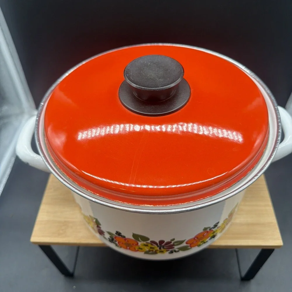1970s Austria Email Enamel Floral Stock Pot w/Lid Vintage Cookware Retro Cottage